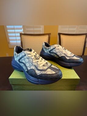 New Authentic Gucci Rhyton GG Logo Sneakers Shoes Blue Tan Size UK 13.5 / US 14
